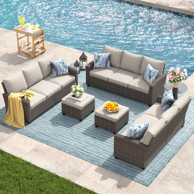 9-Person Patio Conversation Set with 3-seat Wicker Sofas and Ottomans