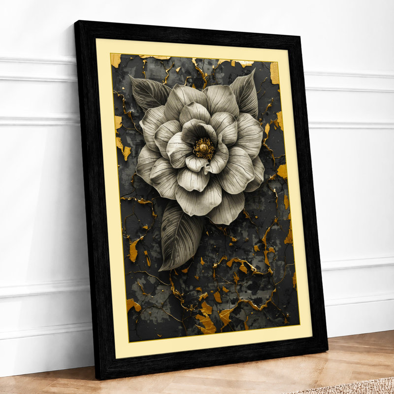 Peony in Gold Botanical - Framed Print, Black, A4 - 29.7 x 21.0 cm