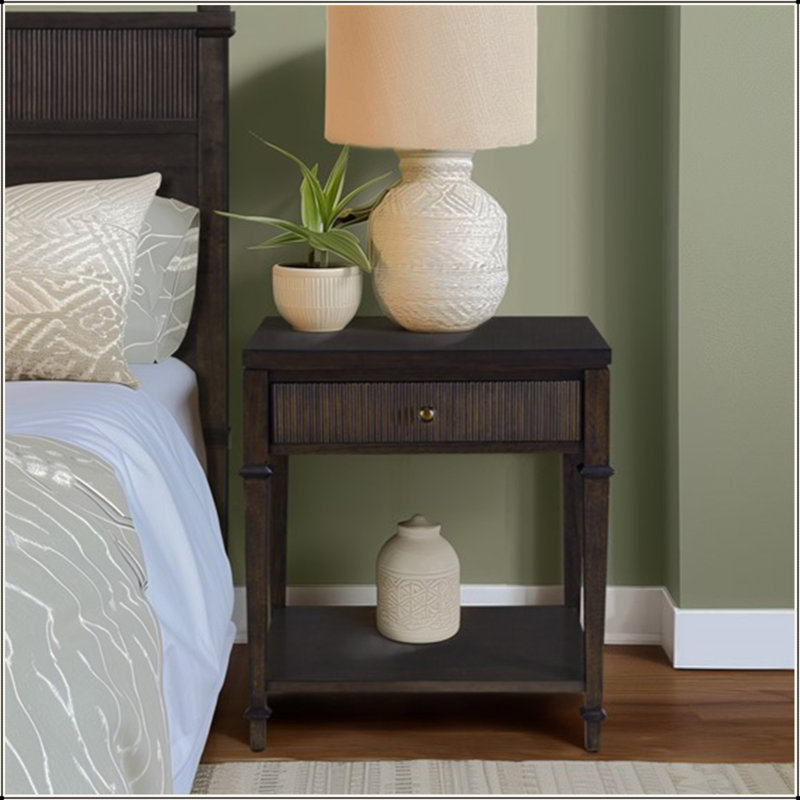 22 Inch Nightstand, Fluted Drawer Bedside Table with Open Shelf, Solid Wood Leg End Table with Metal Knob & Metal Drawer Glides for Bedroom