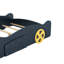 Lit plateforme double en forme de voiture de course avec roues et rangement, bleu foncé et jaune