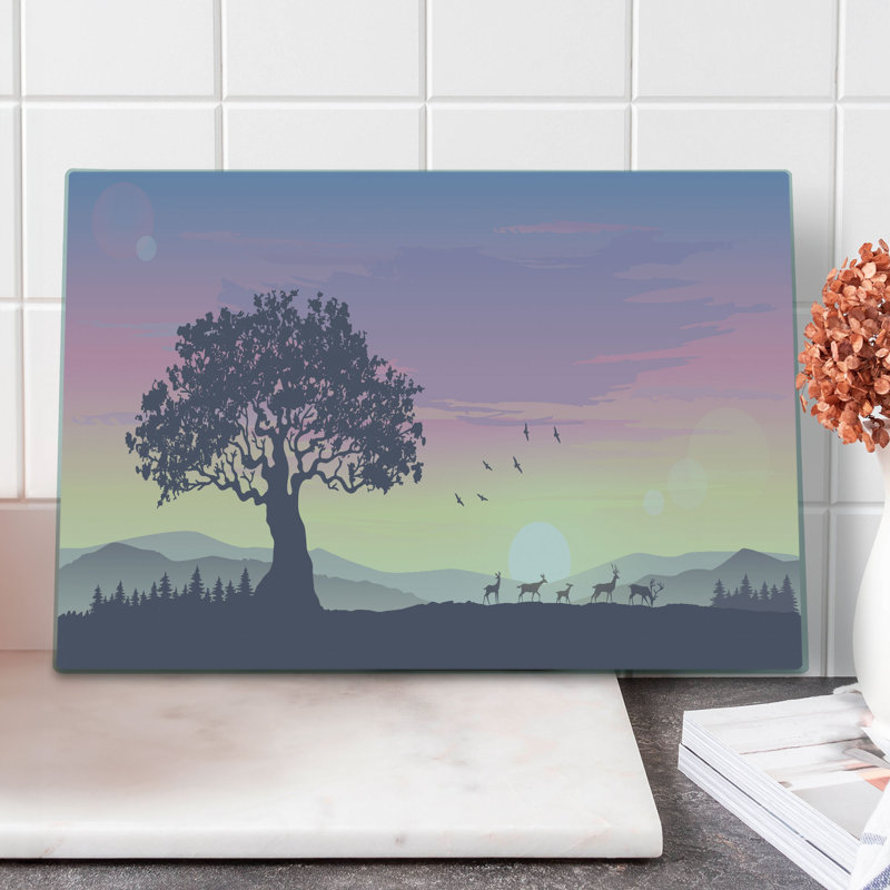 Ambesonne Tree Cutting Board Large Size Dreamlike View Big Tree Deer Multicolor