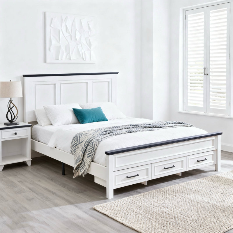 Farmhouse Platform Bedframe, Wood Bed Frame With 52" Tall Headboard, White, Queen