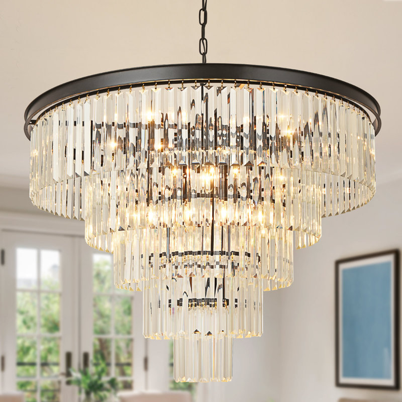 Lustre en cristal Makinlee, H 22,44 po x l 31,5 po x P 31,5 po, 15 lumières, Noir mat
