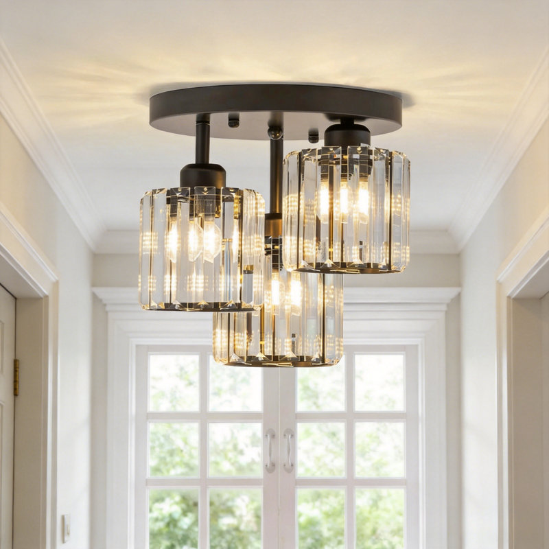 Plafonnier semi-encastré 3 lumières, luminaire moderne en cristal noir mat pour la cuisine, le vestibule et la chambre à coucher
