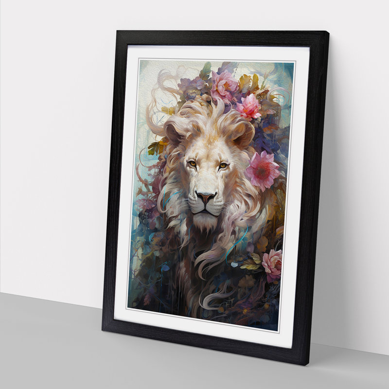 Lion Rococo - Single Picture Frame Print on Wood, 46cm H x 34cm W x 2cm D, Black Framed