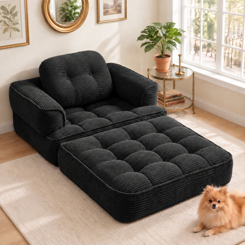 Fauteuil convertible surdimensionné en velours côtelé avec éponge à rebond élevé et coussin, Noir