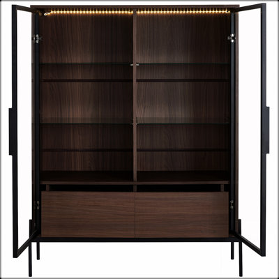 51.2'' Tall Lighted Display Cabinet With Tempered Glass, Metal Legs, LED Lighting, Modern Minimalist Style For Living Room, Office, Study, Walnut Finish