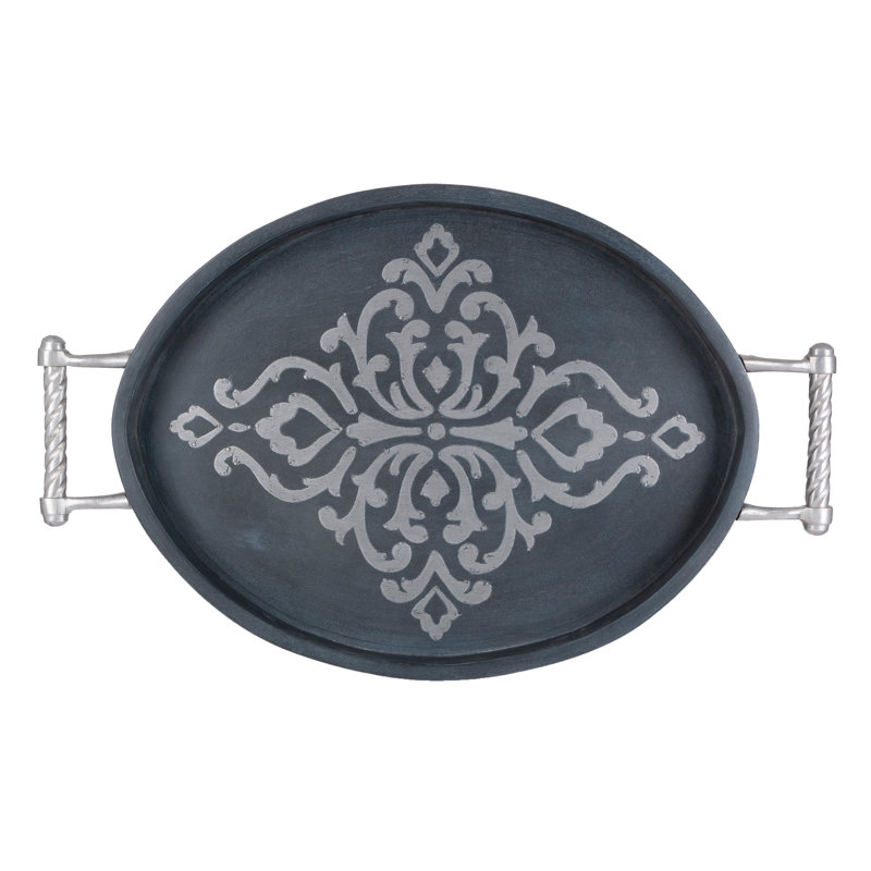 Gray-washed metal-inlay oval tray with handles