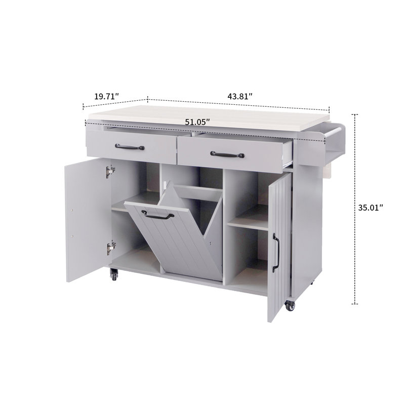 Modern Classic Storage Kitchen Island with 2 Drawers, 2 Cabinets, Racks and a Concealed Trash Can, Gray