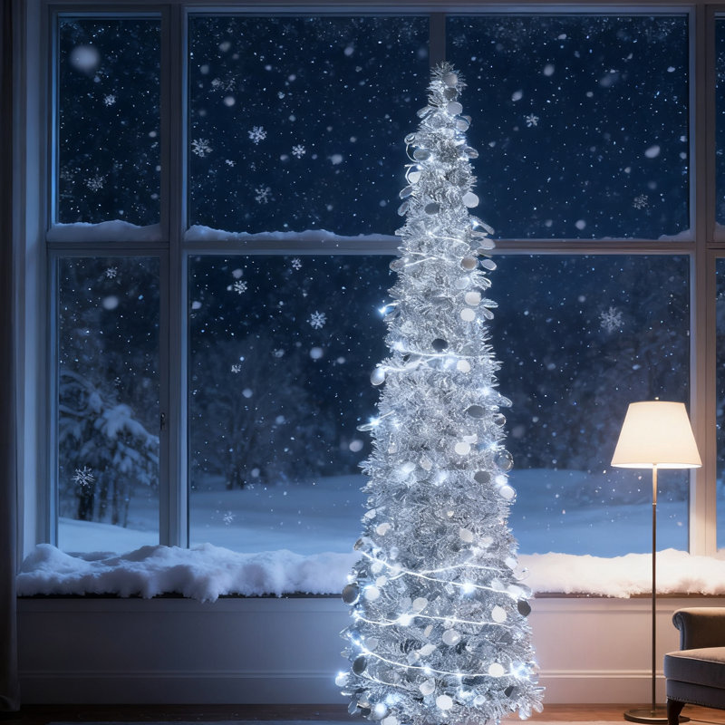 Arbre de Noël artificiel de 5 pi, arbre de Noël à guirlande argentée, décoration de Noël pliable pour le bureau à domicile, assemblage et rangement faciles