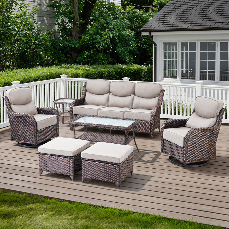 Ensemble de conversation d'extérieur en osier pour 5 à 7 personnes avec repose-pieds, Beige, Brun