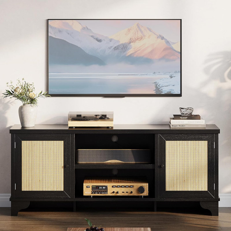 Rattan TV Stand for Living Room, Modern Entertainment Center for 65/70 in TV, Boho Media TV Console Table with Storage, Black