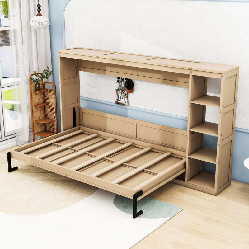 Lit escamotable en bois avec bibliothèque, Double, Naturel