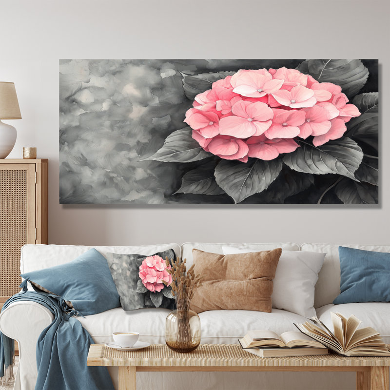 Hortensias avec une douce floraison de roses III - impressions sur toile d'hortensias, 28" H x 60" W, Toile tendue