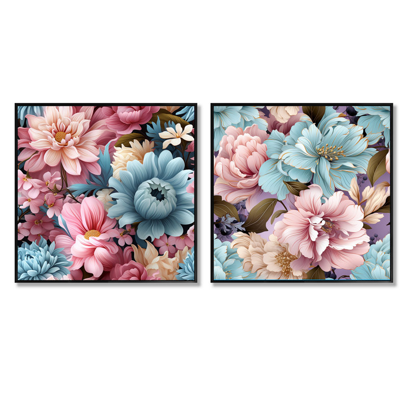 Annaelle - Ensemble de 2 collages carrés floraux, Cadre flottant noir, H 16 po x l 33 po