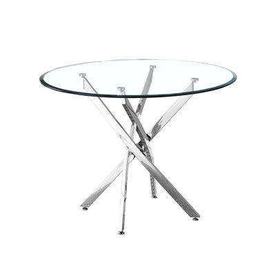 Table de salle à manger ronde contemporaine en verre trempé transparent avec pieds angulaires à finition argentée et pieds niveleurs de 30,1 pouces de hauteur, s'adapte aux pieds en acier inoxydable de 36 diamètres de la famille, peut accueillir confortablement quatre personnes, 0,39