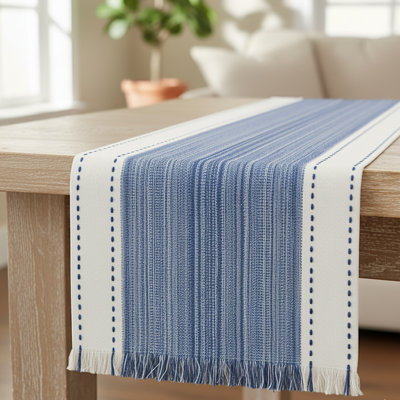 Cotton Woven Table Runner , Dining Table Runner, Farmhouse Style Dresser Scarf Blue 14x48 inches