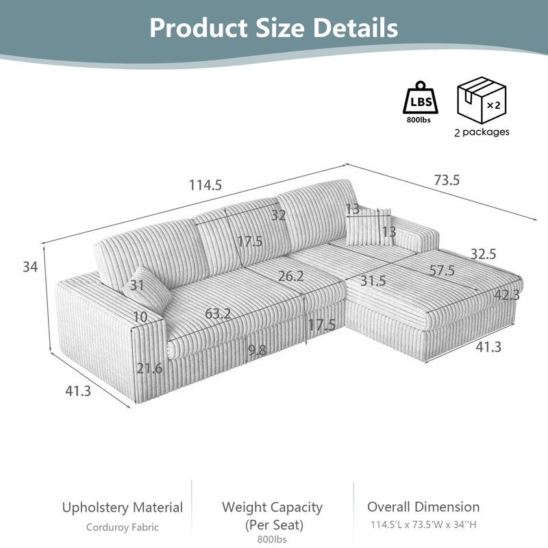 Canapé modulaire de 114,5 po Corduroy, Velours côtelé vert