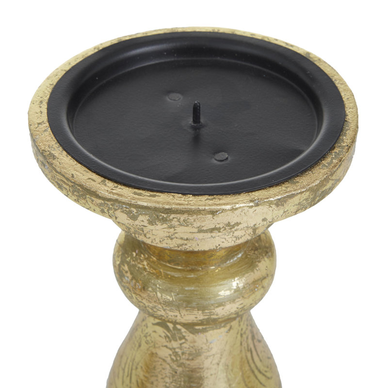 Mango Wood Turned Style Pillar Decorative Candle Holder Set, Gold