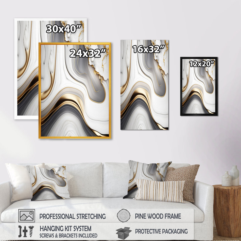 Géode abstraite, vagues de marbre gris I - art mural abstrait, Impression noire sur toile encadrée, L 12 po x H 20 po