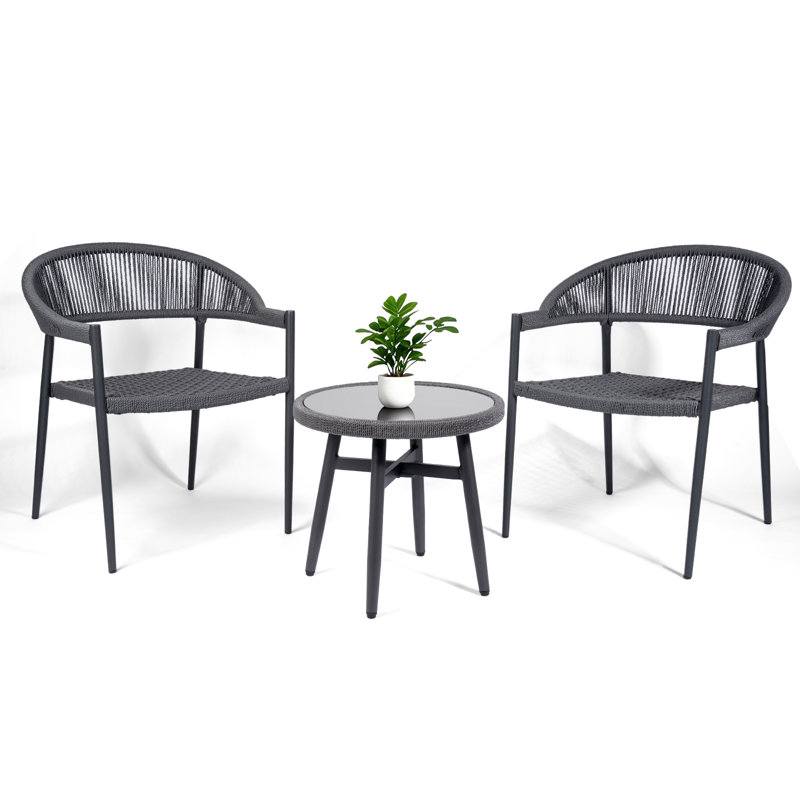 3 Piece Rattan Seating Group， 2 chairs with table, Grey