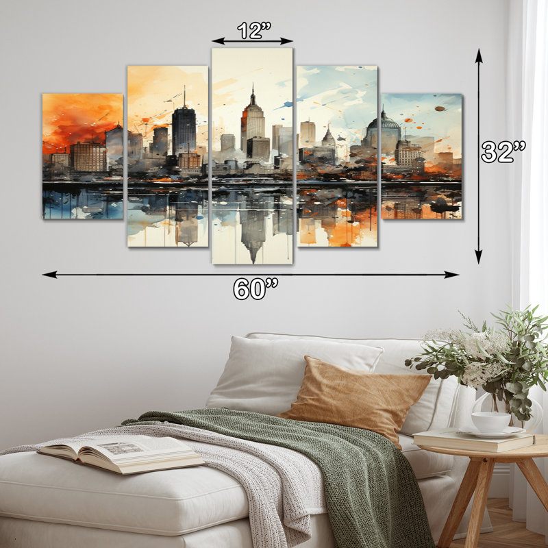 Aquarelle colorée de paysage urbain coloré de New York City II - 5 panneaux muraux