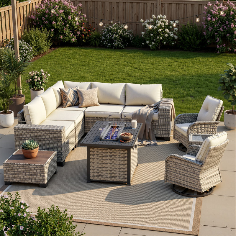 10-Piece Outdoor Patio Sectional Conversation Set With Fire Pit Table And Swivel Rocker Chairs, Beige