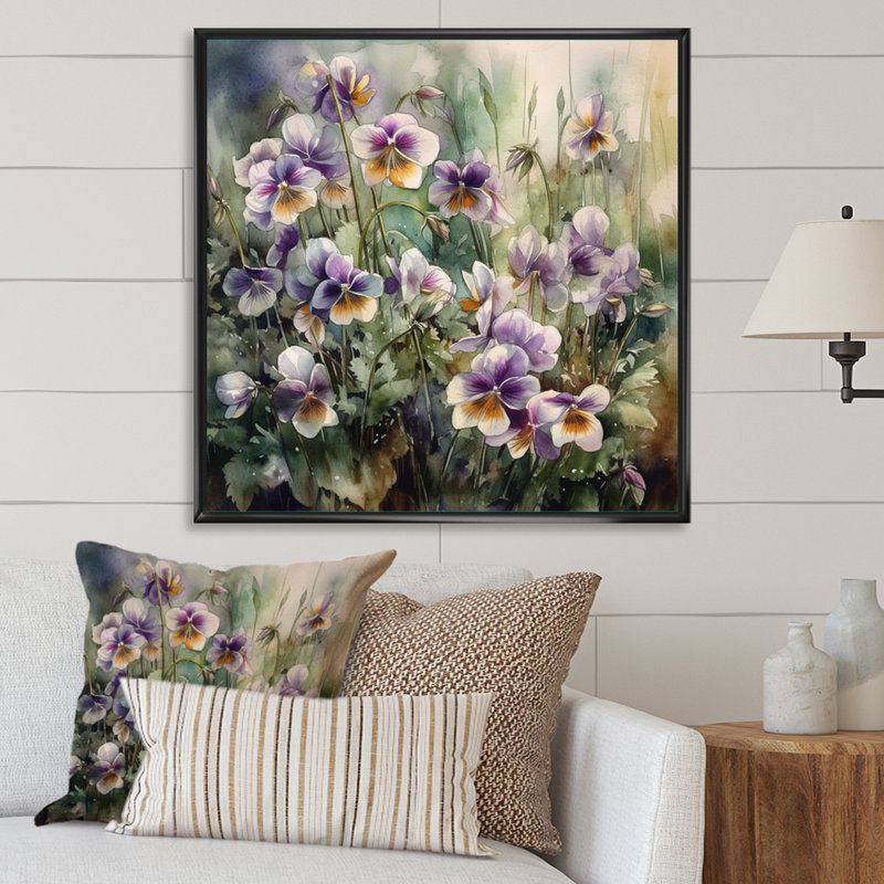 Pétunias florissants mauves sur toile, H 24 po x l 24 po x P 1 po, Cadre flottant noir