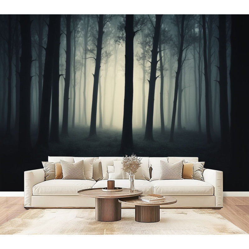 Papier peint auto-adhésif Misty Dark Forest Tall Trees Foggy Atmosphere, L 96 po x l 69 po