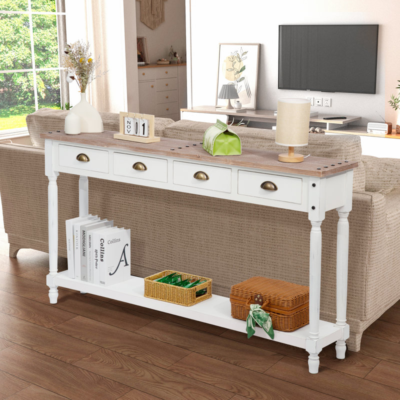 Dala 60"W Rustic Farmhouse Solid Wood Console Table with 4 Drawers and Storage，Vintage White Color,Long Farmhouse Entryway & Sofa Table for Hallway, Foyer