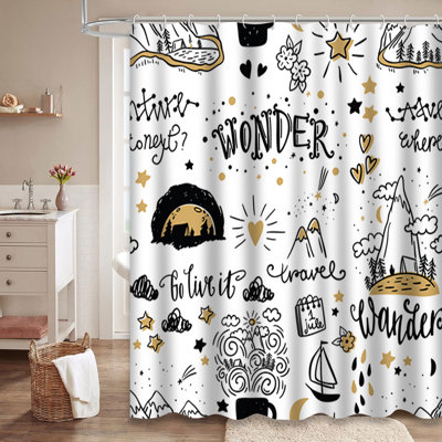 Doodle Wonderful Adventure Lettering Travel Wonder Forest Summer Shower Curtain with 12 Hooks