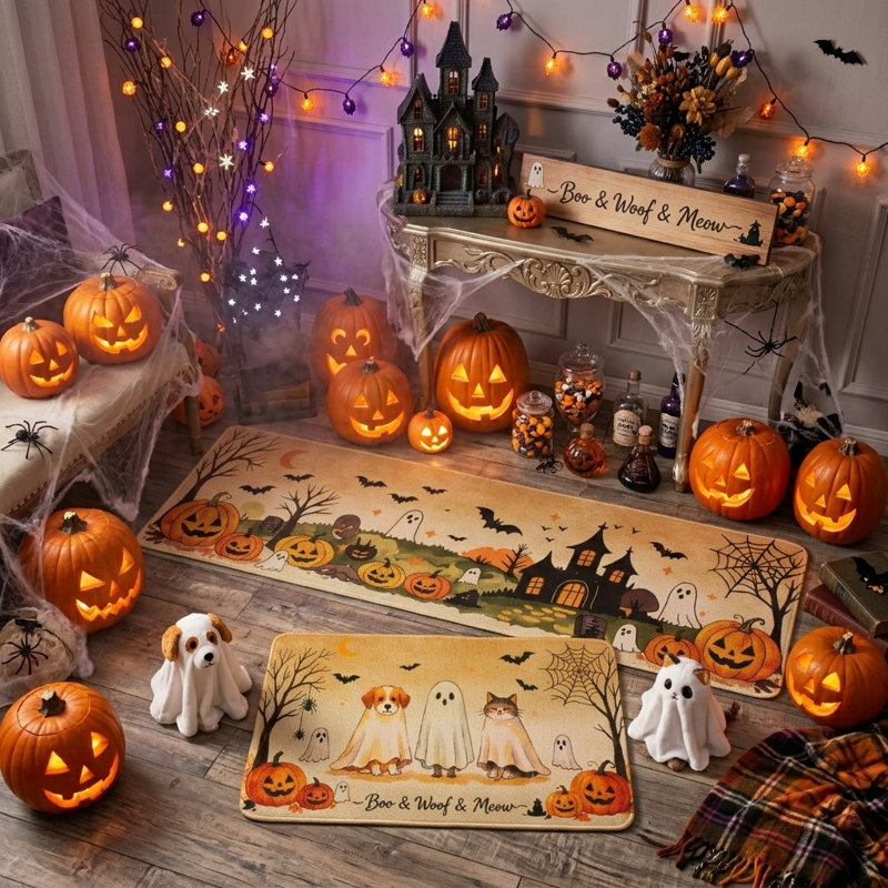 Tapis de cuisine d'Halloween (lot de 2) - Tapis et descente de lit fantômes pour chiens et chats