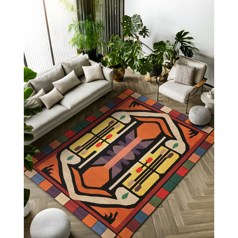 Menasa Collection Digital Print Cotton-Polyester Colorful Moroccan Rug, Square 4'
