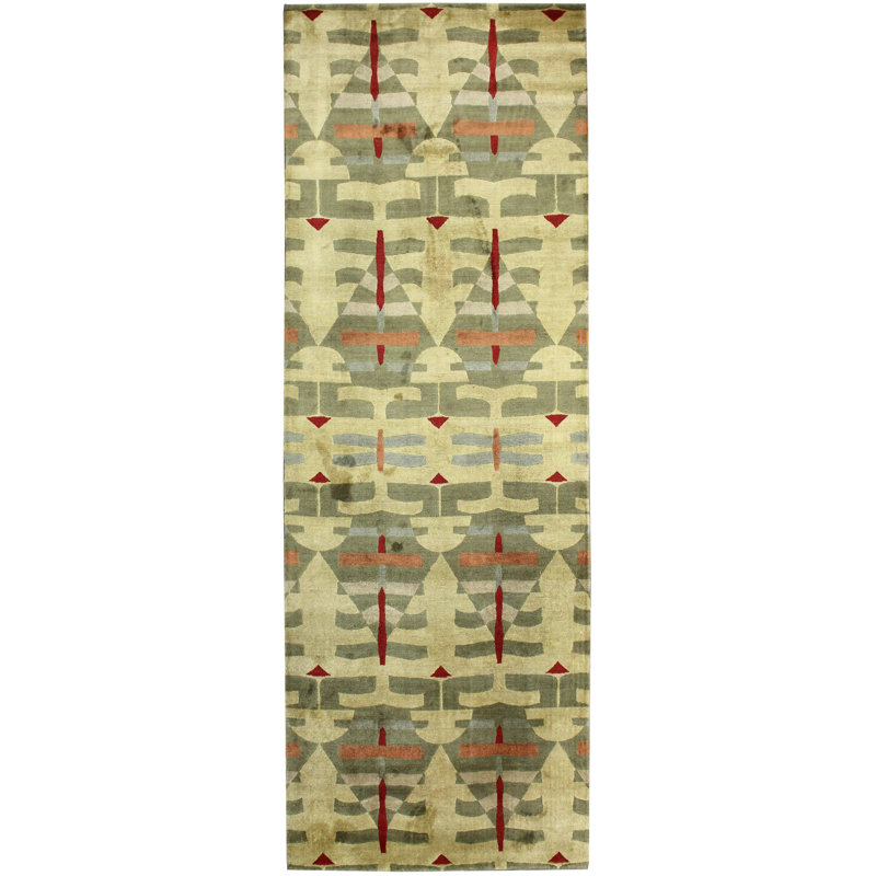 Tapis de couloir vert noué à la main de conception unique 4 pi x 12 pi New Age