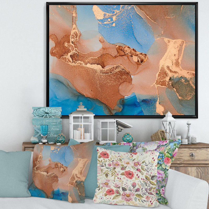 «Blue and Brown Luxury Abstract Fluid Art II», reproduction d'art sur toile moderne, H 34 po x l 44 po x P 1,5 po