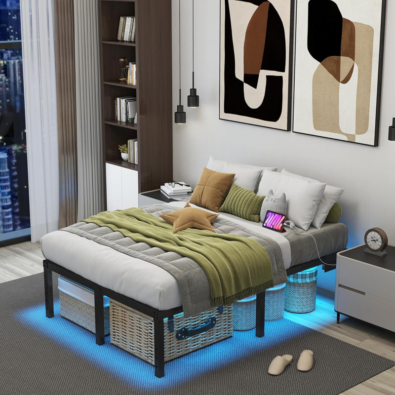 14 Inch Platform Bed Frame With Led Lights Charging Station Black Metal Mattress Foundation No Box Spring Needed Large Storage Space Anti-Noise