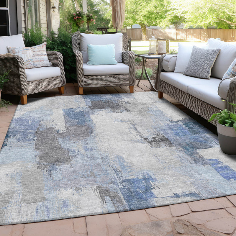 Machine Washable Indoor/Outdoor Xhevrie Denim Rug, Rectangle 10' x 14'