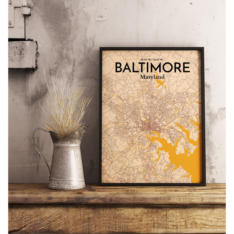 «Baltimore City Map», reproduction d'impression sur affiche en orange clair, H 27,56 po x l 19,69 po