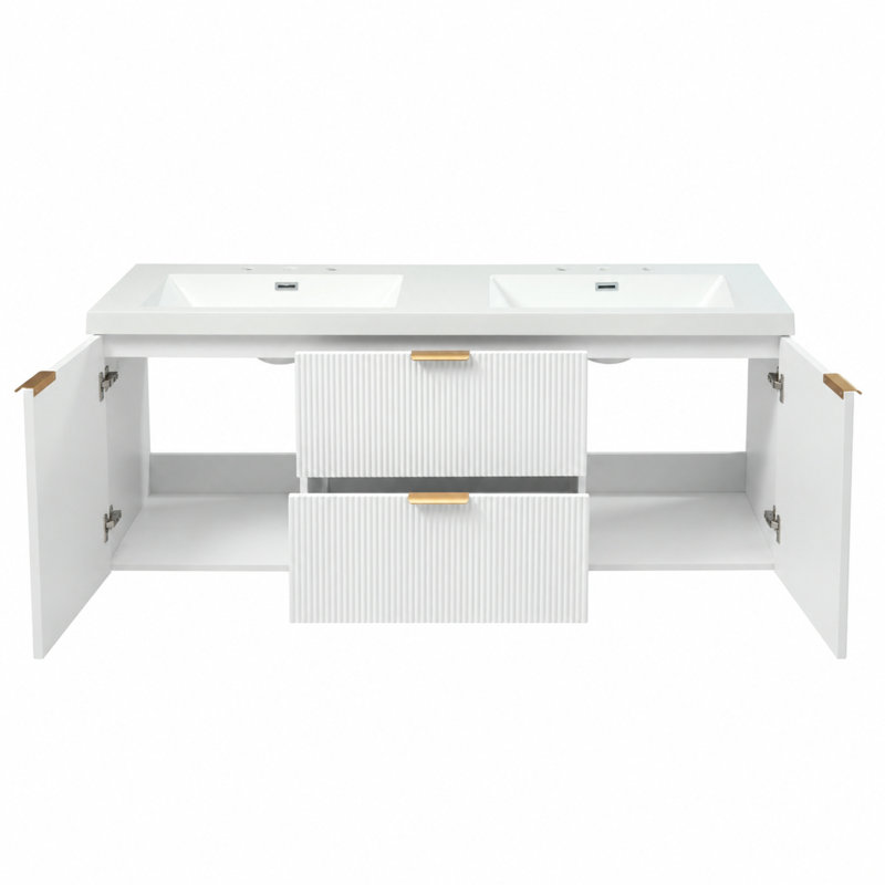 Meuble-lavabo mural double vasque de 150,6 cm (59,3 pouces) avec comptoir en SMC, 2 portes à fermeture amortie, 2 tiroirs à fermeture amortie et façades blanches cannelées