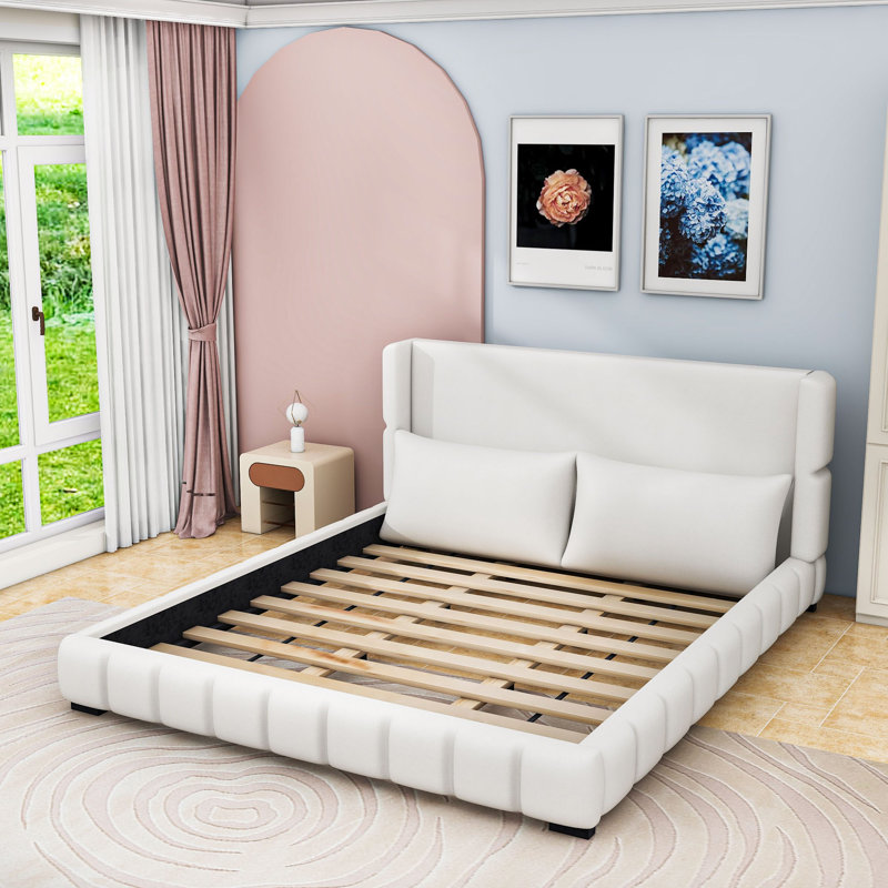 Lit plateforme tapissier élégant avec coutures et coussins inclus, Blanc, Très grand lit