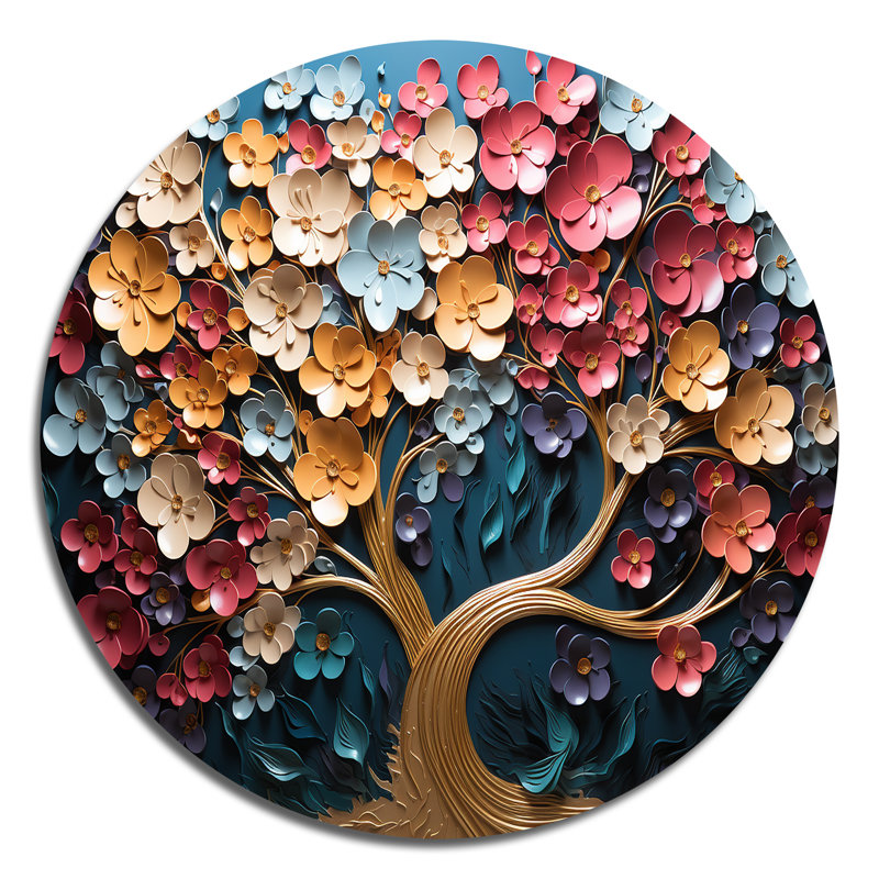 Arbre doré multicolore sur tons bleus - paysages d'art rond en métal, H 36 po x l 36 po