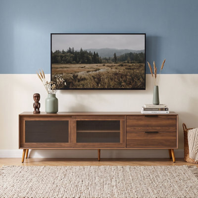 70.8-Inch Modern TV Stand for 75+ Inch TVs with Tempered Glass Sliding Doors, 2 Drawers and Cable Management
