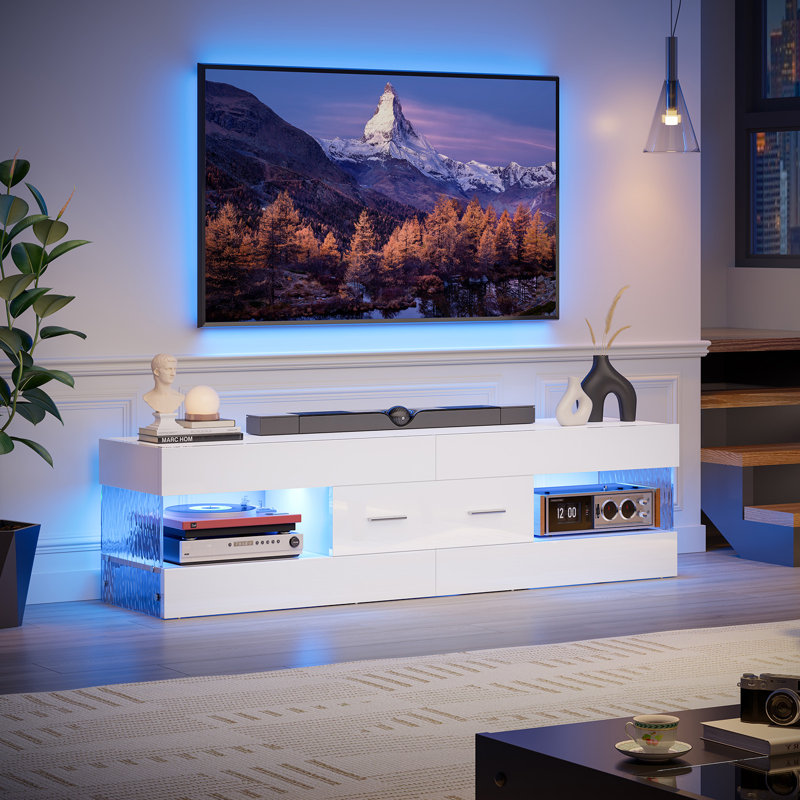 Modern Tv Stand For Tvs Up To 70" With Led And Drawer, White, 40cm H x 152.4cm W x 35cm D