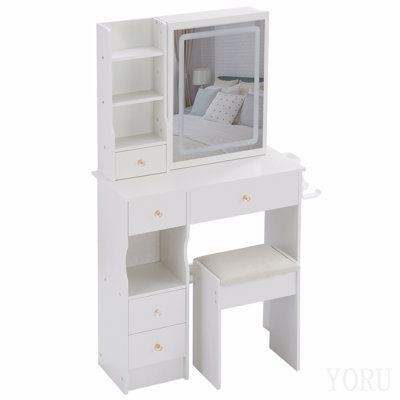 Petit meuble-lavabo de 29,2 po avec tiroir de gauche et tabouret rembourré, 2 blocs d'alimentation AC + 2 USB, support pour sèche-cheveux, très grand miroir coulissant à commande tactile, changement de luminosité tricolore, réglage de la luminosité