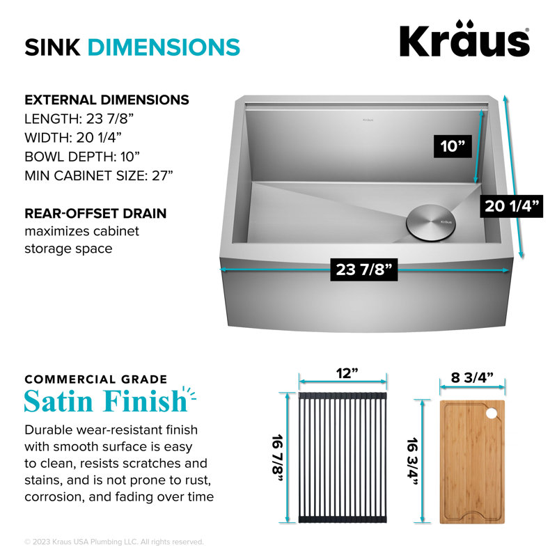 KRAUS Kore™ Workstation Farmhouse Apron Front 16 Gauge Single Bowl Kitchen Sink, Stainless Steel