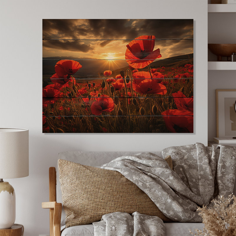 Champ de coquelicots rouges avec coucher de soleil III sur bois, H 24 po x l 32 po x P 0,78 po