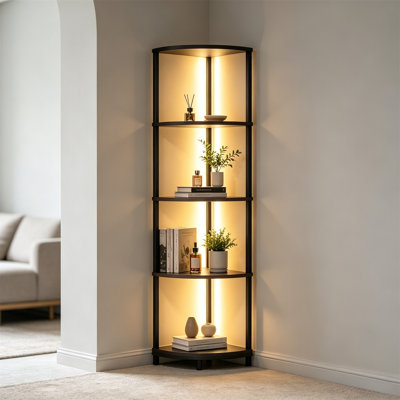 LED Corner Shelf with Lights, 5-Tier Display Stand Bookshelf, Narrow Storage Rack for Living Room, Bedroom, Home Office Decor