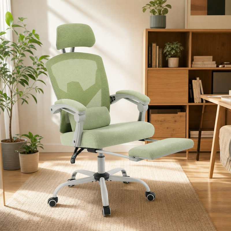 Ergonomic Mesh Office Chair with Retractable Footrest, 135° Reclining High Back Desk Chair with Adjustable Headrest, Lumbar Pillow and Soft Padded Armrests for Home Office Midday Rest