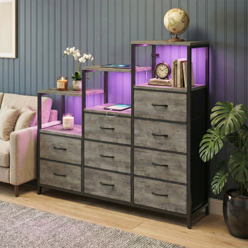  52" Wide Fabric Dresser with Stepped Drawers & Power Outlet with LED Lights, Grey