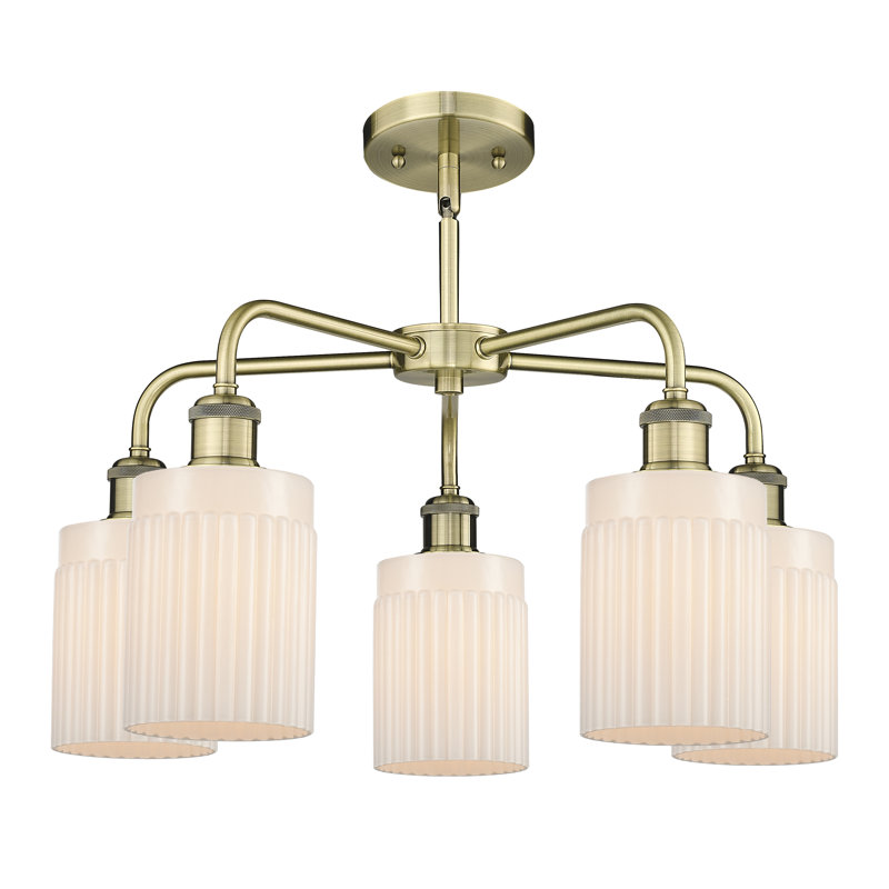 Neco 5 - Light Steel Dimmable Drum Chandelier, Matte White, Antique Brass